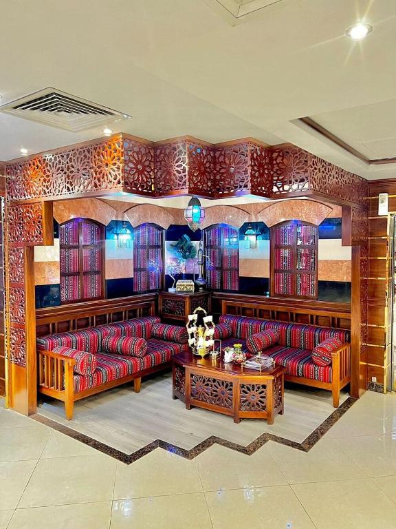 Patterned booth seating in the lounge