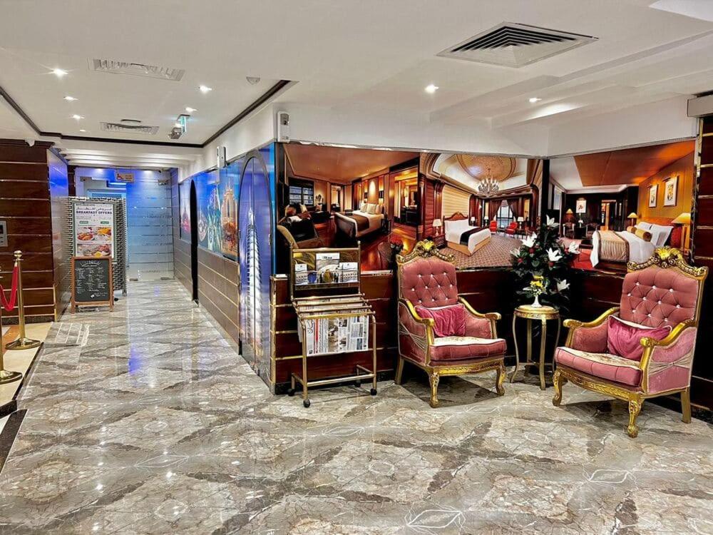 Marble lobby with lounge seating