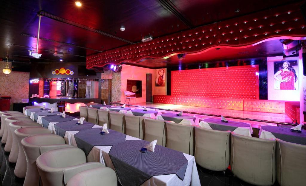 The banquet hall set for an event